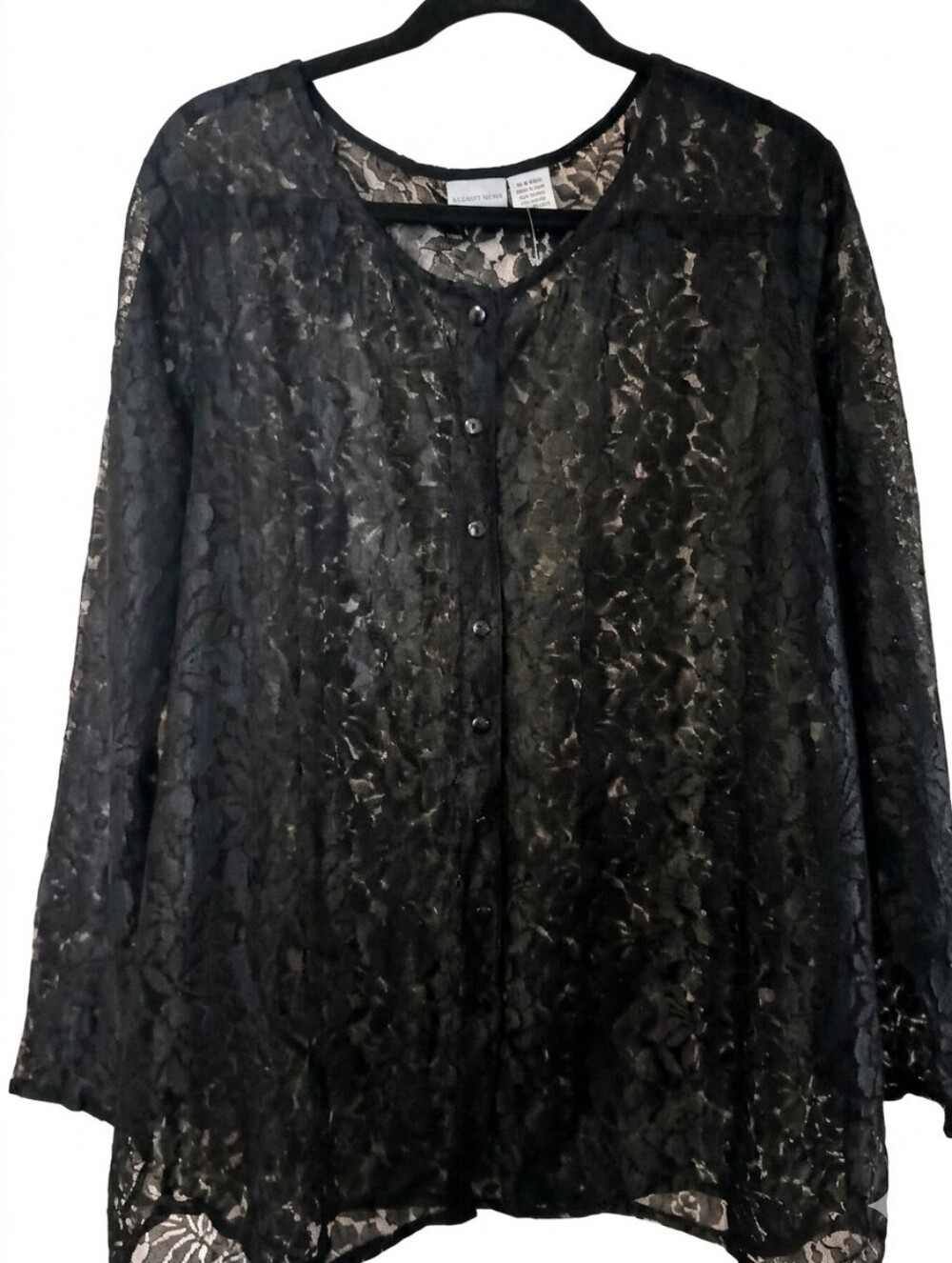 Newport News Black Sheer Lace Button-Front Blouse Y2K